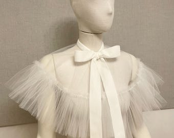 White Tulle Ruffle Capelet, Victorian Collar with Velvet Bow