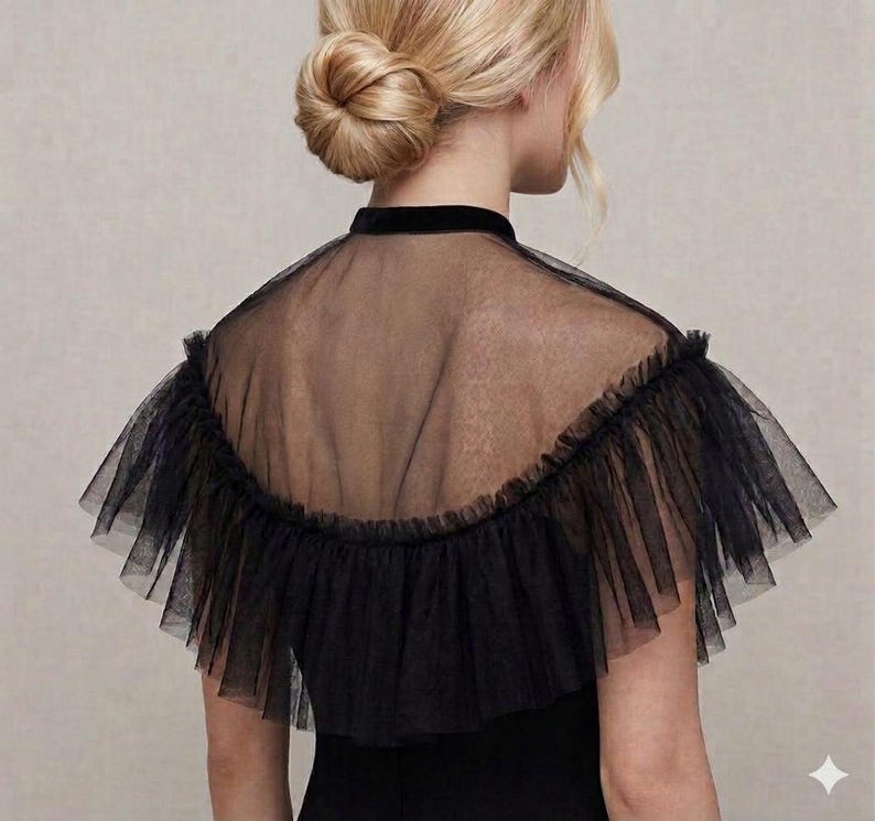 Vampire costume cape, gothic cape, tulle capelet with frill, anime collar tulle bolero jacket, victorian cape, ruffle tulle collar image 2