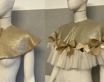 princess cape, frill collar, gold sequins cape with tulle ruffles, christmas capelet, victorian cape, detachable ruffle collar, bolero cape