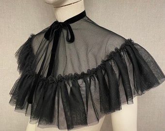 Witch costume, cape for witch, Black Tulle Capelet with Ruffle Frill, Velvet Bow Closure, Gothic Victorian Style