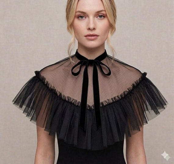 Vampire costume cape, gothic cape, tulle capelet with frill, anime collar tulle bolero jacket, victorian cape,  ruffle tulle collar