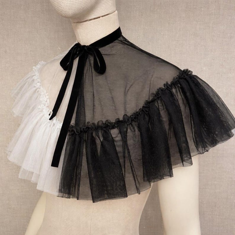 Vampire costume cape, gothic cape, tulle capelet with frill, anime collar tulle bolero jacket, victorian cape, ruffle tulle collar image 6
