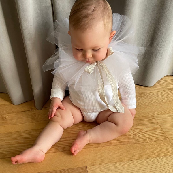 white tulle collar for baby, baby ruffle collar, toddler cape tulle, ruffle cape newborn