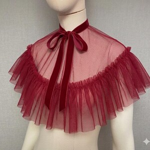 Vampire costume cape, gothic cape, tulle capelet with frill, anime collar tulle bolero jacket, victorian cape, ruffle tulle collar Bordo