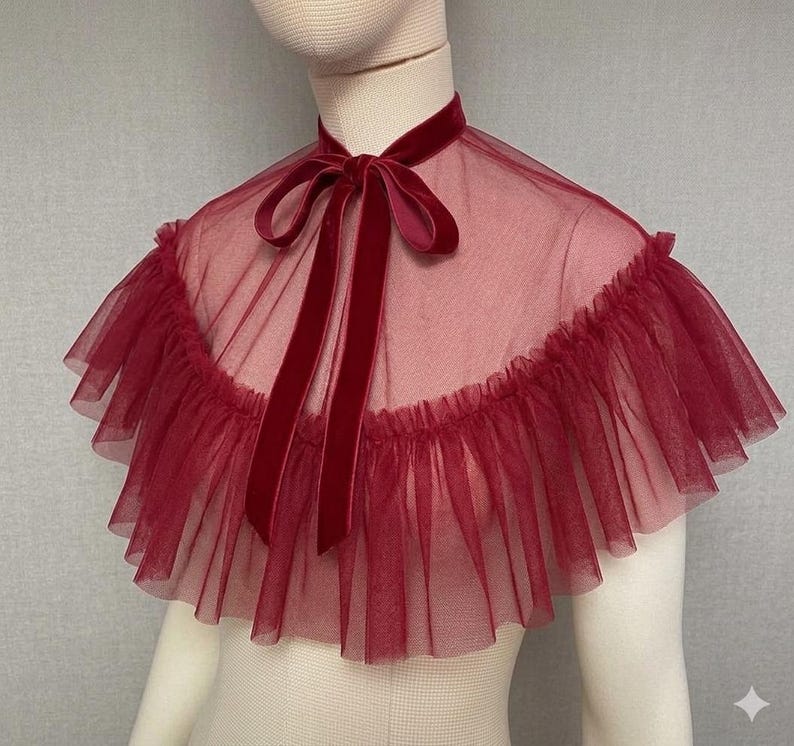 Vampire costume cape, gothic cape, tulle capelet with frill, anime collar tulle bolero jacket, victorian cape, ruffle tulle collar Bordo