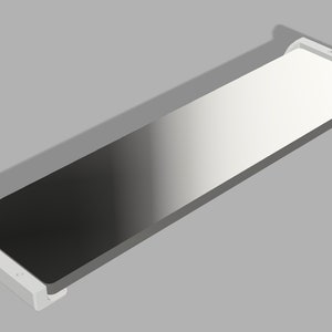 Könnte beinhalten: Ein weißes Regal mit schwarzen Halterungen. Das Regal besteht aus einem glatten, weißen Material und hat einen leichten Farbverlauf von Schwarz zu Weiß.