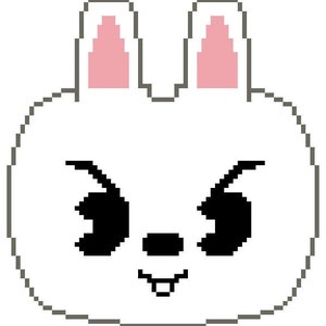 May include: A white bunny with black eyes and a mischievous smile. The bunny has pink ears and a white face.