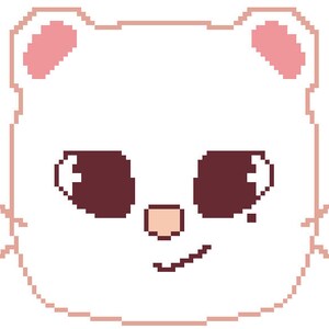 May include: Pixel art illustration of a white bear with pink ears, brown eyes, and a brown nose. The bear is smiling.