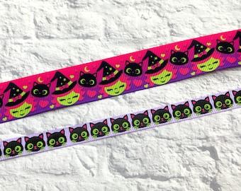 Halloween ribbon, witch, cat, size 7/8, 3/8