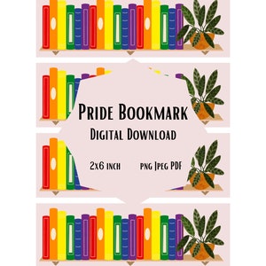 Puede incluir: Una descarga digital de un marcapáginas de orgullo con una estantería de libros arcoíris con libros y una planta. El marcapáginas mide 5x15 cm y está disponible en formatos PNG, JPEG y PDF.  "Pride Bookmark Digital Download 2x6 inch PNG JPEG PDF"