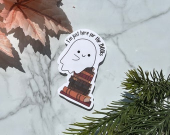 I'm Here for the BOOks Sticker | Bookish & Spooky Vinyl Sticker | Ghost on Books | Laptop and Kindle Decal | Halloween Gift for Book Lovers