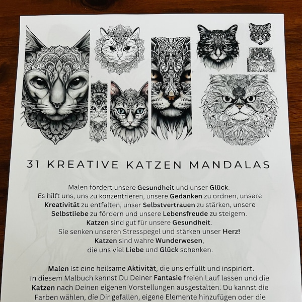 Malbuch 31 kreative Katzen Mandalas zum sofort Download Graustufen Ausmalbilder, Printable PDF