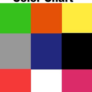 May include: Colour chart with nine squares showing different colours: lime green, orange, yellow, grey, navy blue, black, red, white, and pink.