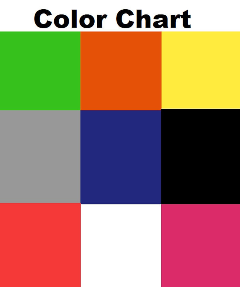 May include: Colour chart with nine squares showing different colours: lime green, orange, yellow, grey, navy blue, black, red, white, and pink.