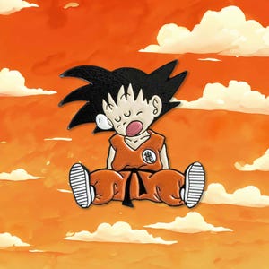 An enamel pin design of the character kid Goku from the classic anime, Dragon Ball. Goku appears to be sleeping.