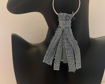 Blue jean hoop and tassel earrings