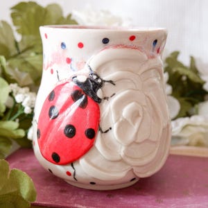 Puede incluir: Una taza de cerámica con un diseño de mariquita. La taza blanca tiene una mariquita roja y negra en el lateral, un diseño floral en relieve y lunares rojos y azules alrededor del borde. La taza está colocada sobre un libro rosa.