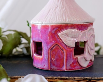 Rose Incense Cottage: Pink Porcelain Handmade Candle Holder and Incense Burner