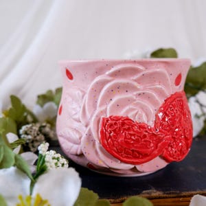Pomegranate Thumb Divot Cup: Speckled Pink Porcelain Ergonomic Coffee or Tea Cup