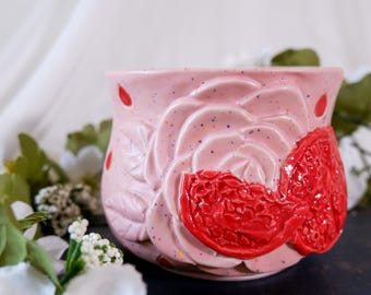 Pomegranate Thumb Divot Cup: Speckled Pink Porcelain Ergonomic Coffee or Tea Cup