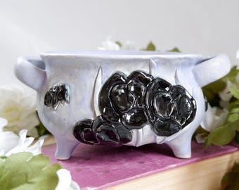 Black Pansies and Bats Handmade Porcelain Cauldron: Lilac Matte Glaze Ritual Vessel