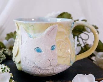 White Cat Mug: Handmade Porcelain Yellow and Blue Glazed Pottery