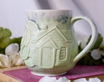 Winter Cottage Mug: Green Handmade Porcelain Cup with Rose and Snowflakes