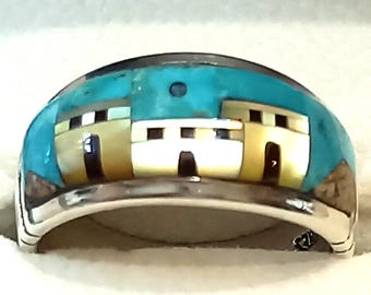 Pueblo Style Solid Silver Turquoise and MOP Ring - Size R-S