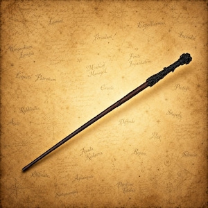 May include: A long, slender dark brown wand with a textured, knobby black handle. The wand features a smooth, tapered shaft that transitions into a detailed, rugged grip at the end, presented against a parchment-style background with text.