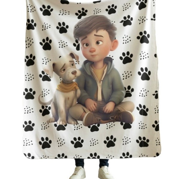 Custom Dog and Boy Plush Blanket - Snuggly Bed Throw for Pet Lovers.