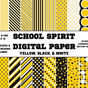 Digitaal papier • School Spirit • Geel, zwart en wit • Effen en noodlijdende ontwerpen • Plakboek