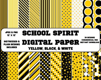 Digital Paper • School Spirit • Yellow, Black, & White  • Plain and Distressed Designs • Scrapbook Paper