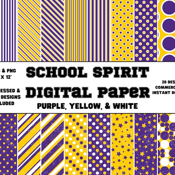 Digital Paper • School Spirit • Purple, Yellow, & White • Plain and Distressed Designs • Scrapbook Paper