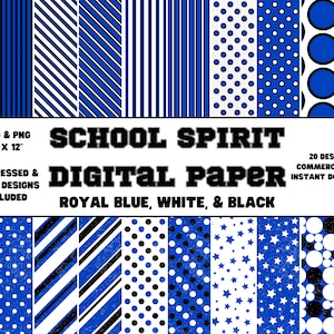 Digitaal papier • School Spirit • Koningsblauw, wit en zwart • Effen en noodlijdende ontwerpen • Plakboek