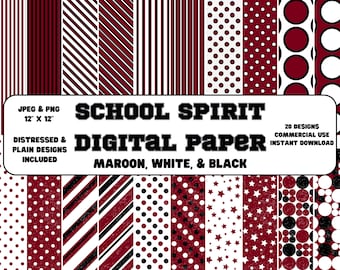 Digital Paper • School Spirit • Maroon, White, & Black • Plain and Distressed Designs • Scrapbook Paper