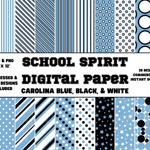 Digital Paper • School Spirit • Caroline Blue, Black, White • Plain and Distressed Designs • Scrapbook Paper