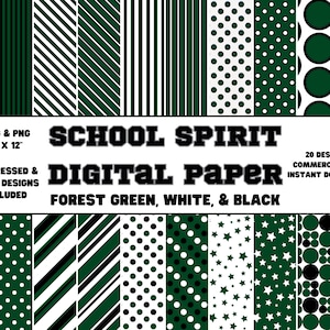 Digitales Papier • School Spirit • Waldgrün, Weiß & Schwarz • Einfache und beunruhigte Designs • Scrapbookpapier
