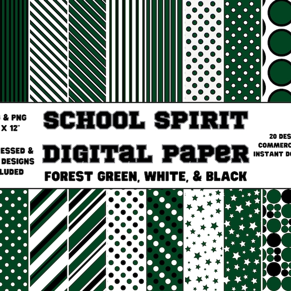 Digital Paper • School Spirit • Forest Green, White, & Black • Plain and Distressed Designs • Scrapbook Paper