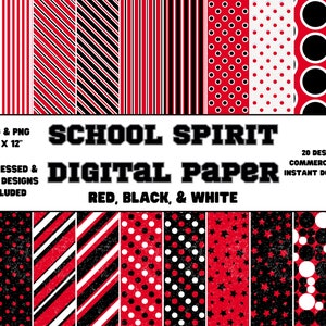 Digitales Papier • School Spirit • Rot, Schwarz & Weiß • Einfache und beunruhigte Designs • Scrapbook Papier