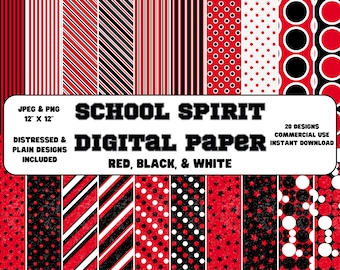 Digital Paper • School Spirit • Red, Black, & White • Plain and Distressed Designs • Scrapbook Paper
