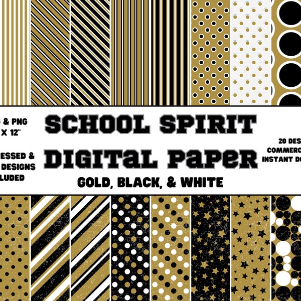 Digital Paper • School Spirit • Gold, Black, & White • Plain and Distressed Designs • Scrapbook Paper