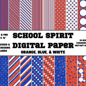 May include: 20 digital papers in orange, blue, and white with various patterns including stripes, polka dots, and circles. JPEG & PNG, 12" x 12", distressed and plain designs included. SCHOOL SPIRIT DIGITAL PAPER. Commercial use, instant download.