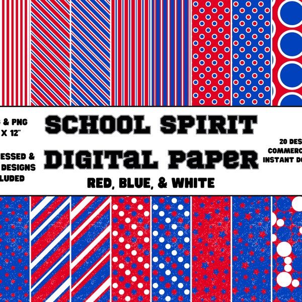 Digital Paper • School Spirit • Red, Blue, & White • Plain and Distressed Designs • Scrapbook Paper