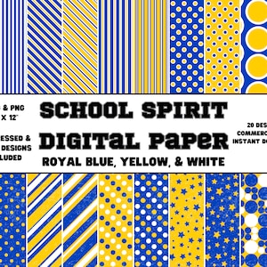 Papel digital • Espíritu escolar • Azul real, amarillo y blanco • Diseños sencillos y desgastados • Papel para álbumes de recortes