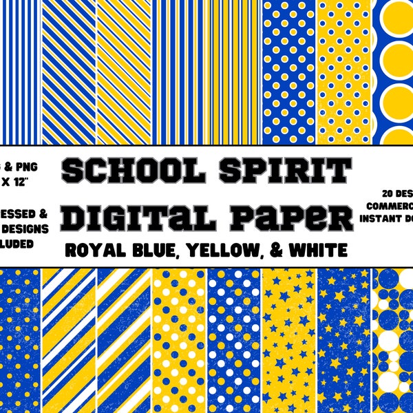 Digital Paper • School Spirit • Royal Blue, Yellow, & White • Plain and Distressed Designs • Scrapbook Paper
