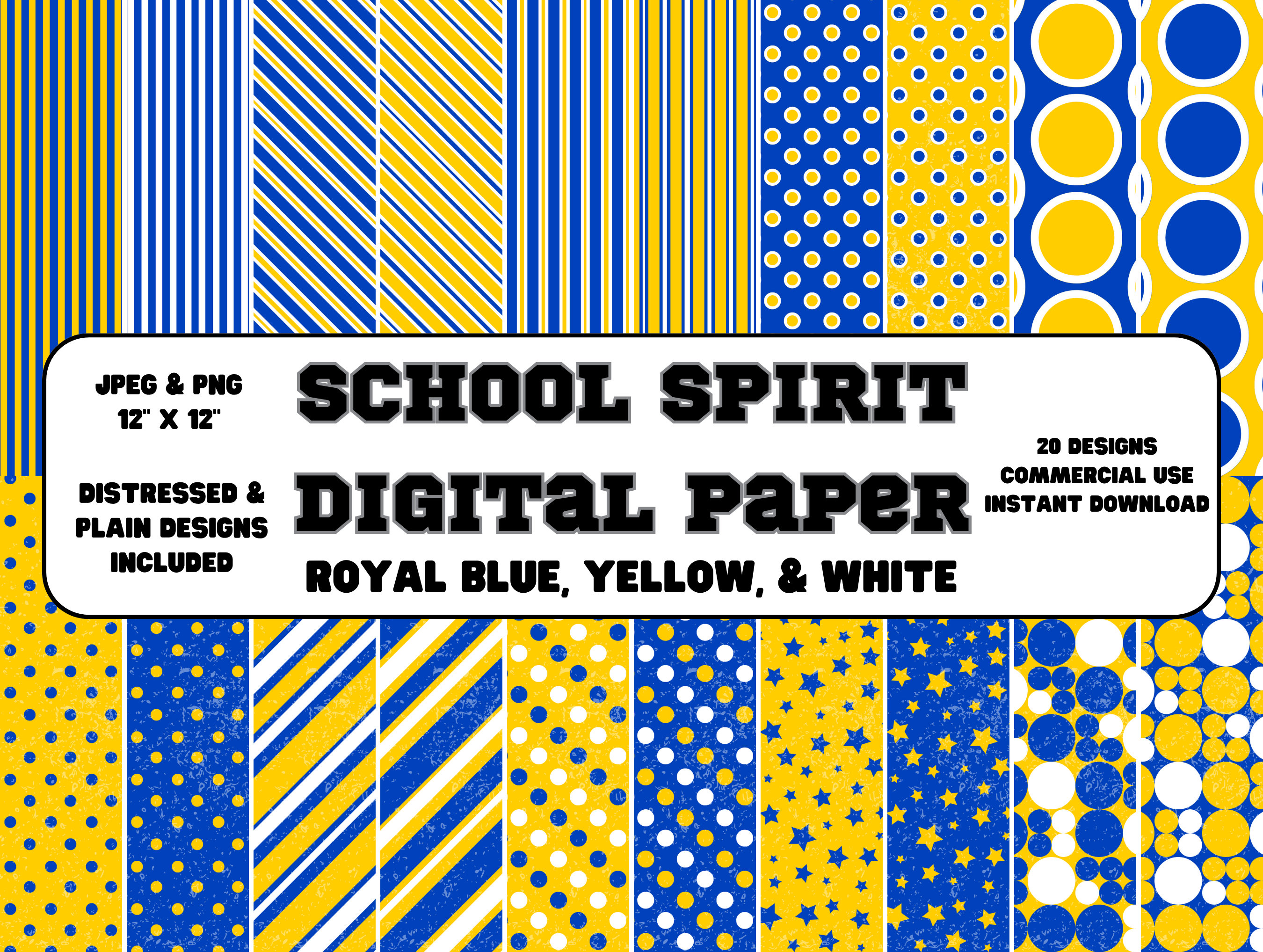 Digital Paper • School Spirit • Royal Blue, Yellow, & White • Plain and Distressed Designs • Scrapbook Paper