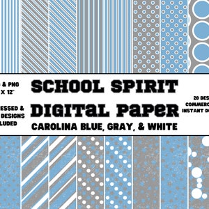 Papier numérique • Esprit scolaire • Caroline bleu, gris et blanc • Motifs unis et vieillis • Papier de scrapbooking
