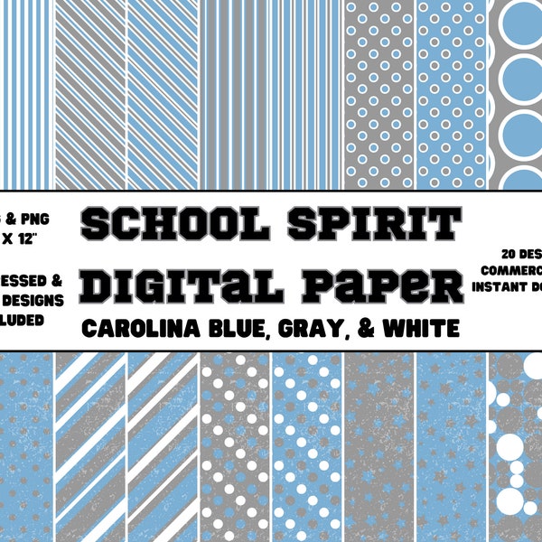 Digital Paper • School Spirit • Carolina Blue, Gray,  & White • Plain and Distressed Designs • Scrapbook Paper