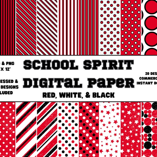 Digital Paper • School Spirit • Red, White, & Black • Plain and Distressed Designs • Scrapbook Paper