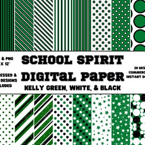Digitaal papier • Schoolgeest • Kelly groen, wit en zwart • Effen en verweerde ontwerpen • Scrapbookpapier